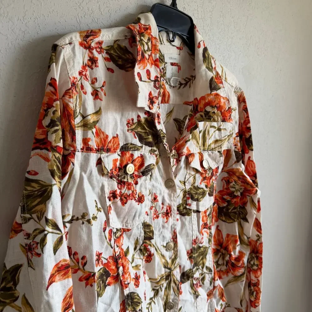Joie 100% Linen Cream Orange Floral Button Down Collared Jacket Womens XL - Picture 2 of 6
